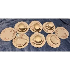 Vintage Homer Laughlin Pink Floral China Set Plates Cups Saucers Made in USA